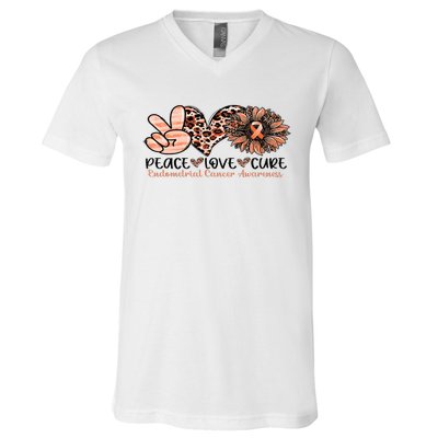 Peace Love Cure Sunflower Peach Ribbon Endometrial Cancer V-Neck T-Shirt