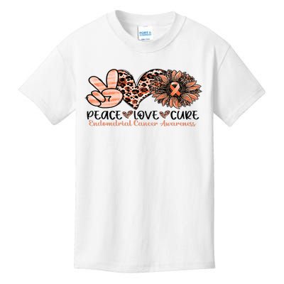 Peace Love Cure Sunflower Peach Ribbon Endometrial Cancer Kids T-Shirt