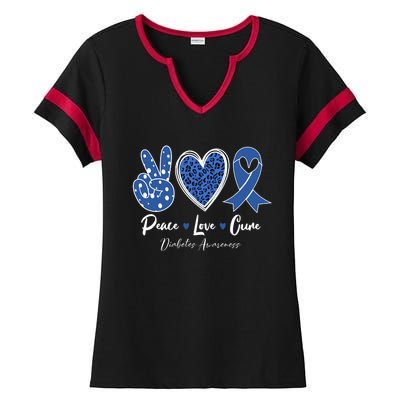 Peace Love Cure Diabetes Awareness Diabetic Blue Ribbon Ladies Halftime Notch Neck Tee