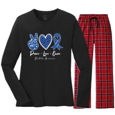 Peace Love Cure Diabetes Awareness Diabetic Blue Ribbon Women's Long Sleeve Flannel Pajama Set 