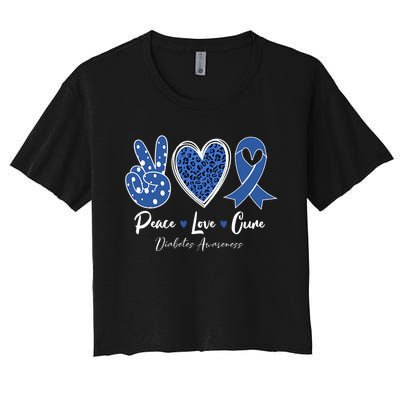 Peace Love Cure Diabetes Awareness Diabetic Blue Ribbon Women's Crop Top Tee