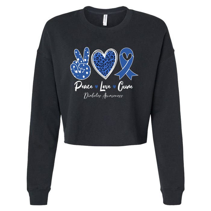 Peace Love Cure Diabetes Awareness Diabetic Blue Ribbon Cropped Pullover Crew