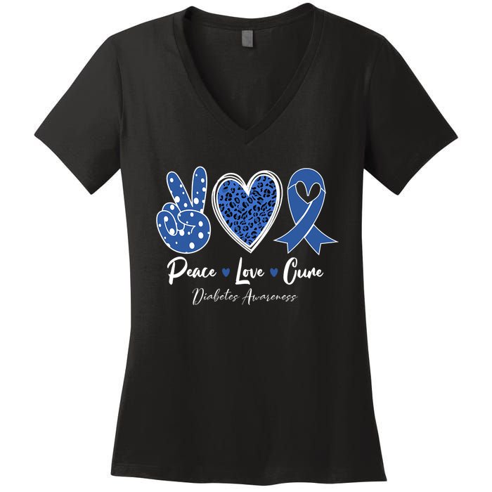 Peace Love Cure Diabetes Awareness Diabetic Blue Ribbon Women's V-Neck T-Shirt