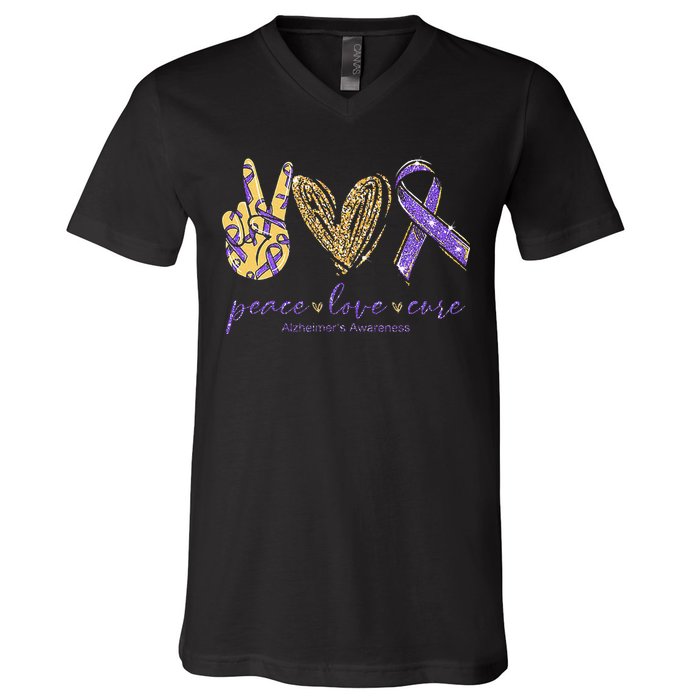 Peace Love Cure Alzheimers Awareness V-Neck T-Shirt