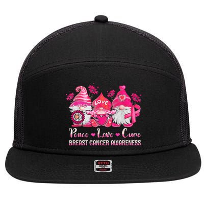 Peace Love Cure Gnomes Pink Ribbon Breast Cancer Awareness 7 Panel Mesh Trucker Snapback Hat