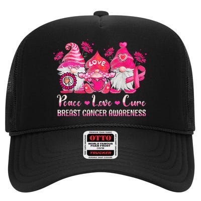 Peace Love Cure Gnomes Pink Ribbon Breast Cancer Awareness High Crown Mesh Back Trucker Hat