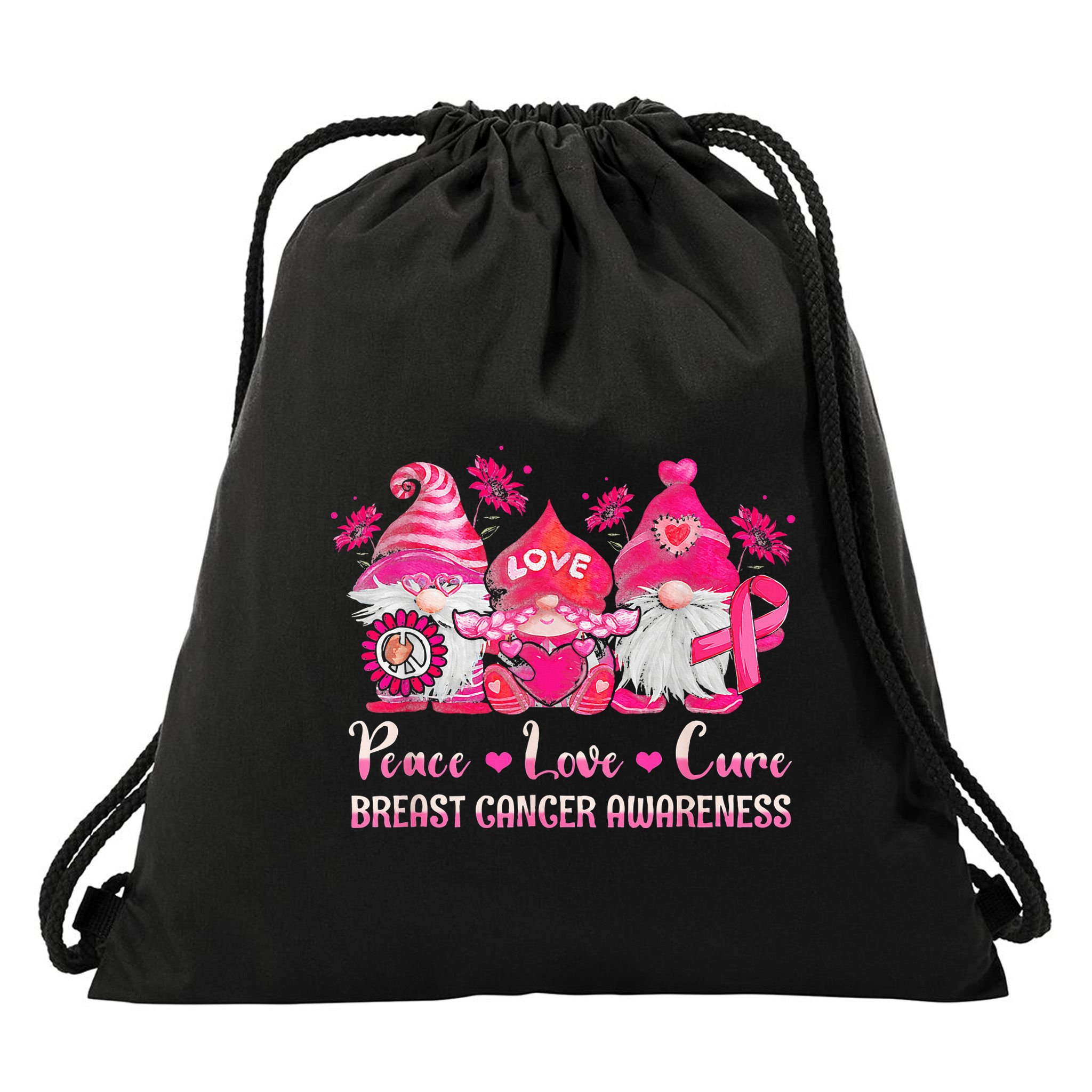 Peace Love Cure Gnomes Pink Ribbon Breast Cancer Awareness Drawstring Bag