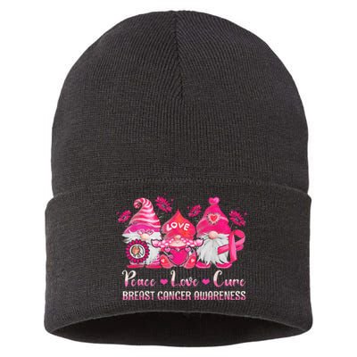 Peace Love Cure Gnomes Pink Ribbon Breast Cancer Awareness Sustainable Knit Beanie