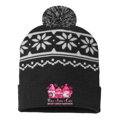 Peace Love Cure Gnomes Pink Ribbon Breast Cancer Awareness USA-Made Snowflake Beanie