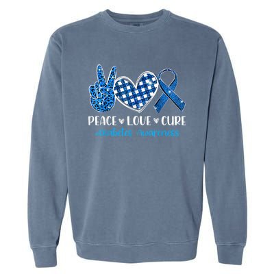 Peace Love Cure Grey Blue Ribbon Diabetes Awareness Garment-Dyed Sweatshirt