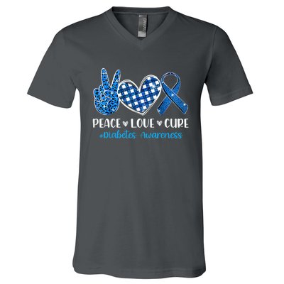 Peace Love Cure Grey Blue Ribbon Diabetes Awareness V-Neck T-Shirt