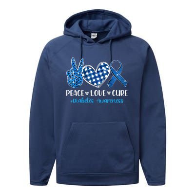 Peace Love Cure Grey Blue Ribbon Diabetes Awareness Performance Fleece Hoodie