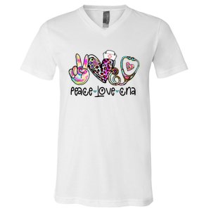 Peace Love CNA Leopard Heart Stethoscope Nursing Nurse Life V-Neck T-Shirt