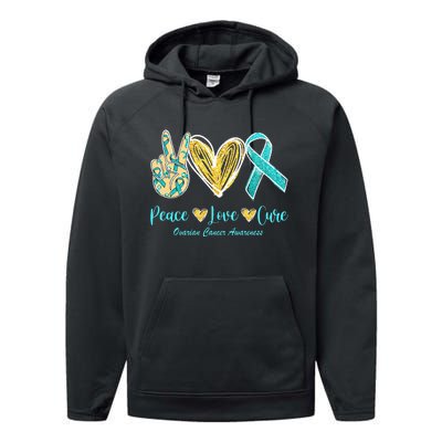 Peace Love Cure Teal Ribbon Ovarian Cancer Awareness Performance Fleece Hoodie