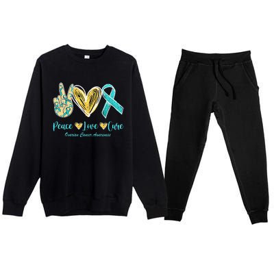 Peace Love Cure Teal Ribbon Ovarian Cancer Awareness Premium Crewneck Sweatsuit Set