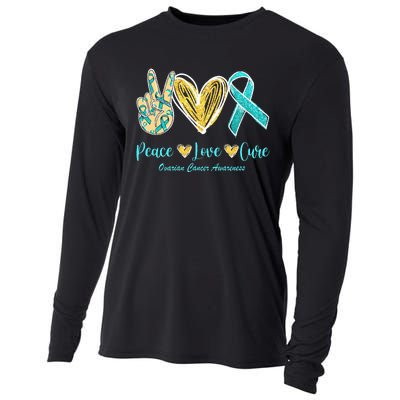 Peace Love Cure Teal Ribbon Ovarian Cancer Awareness Cooling Performance Long Sleeve Crew