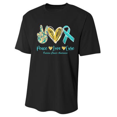 Peace Love Cure Teal Ribbon Ovarian Cancer Awareness Performance Sprint T-Shirt