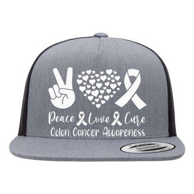 Peace Love Cure Colon Cancer Awareness Warriors & Supporters Flat Bill Trucker Hat