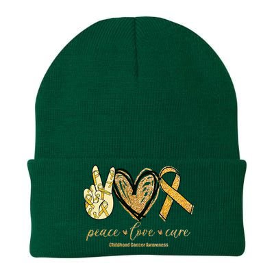 Peace Love Cure Childhood Cancer Awareness Gold Ribbon Knit Cap Winter Beanie