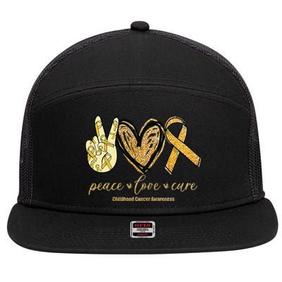 Peace Love Cure Childhood Cancer Awareness Gold Ribbon 7 Panel Mesh Trucker Snapback Hat