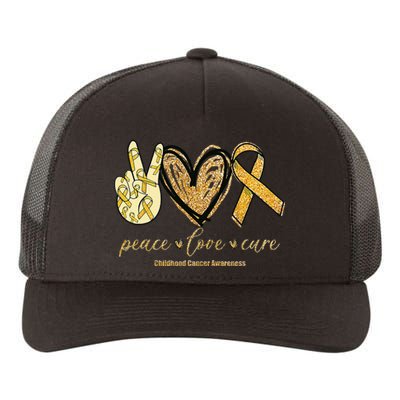 Peace Love Cure Childhood Cancer Awareness Gold Ribbon Yupoong Adult 5-Panel Trucker Hat