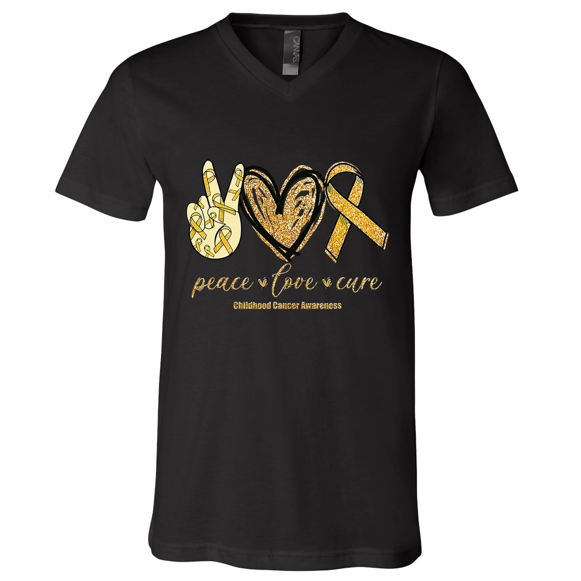Peace Love Cure Childhood Cancer Awareness Gold Ribbon V-Neck T-Shirt