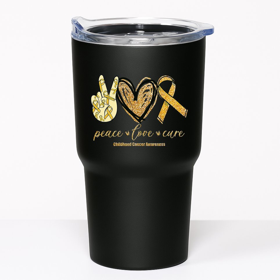 Peace Love Cure Childhood Cancer Awareness Gold Ribbon Tumbler