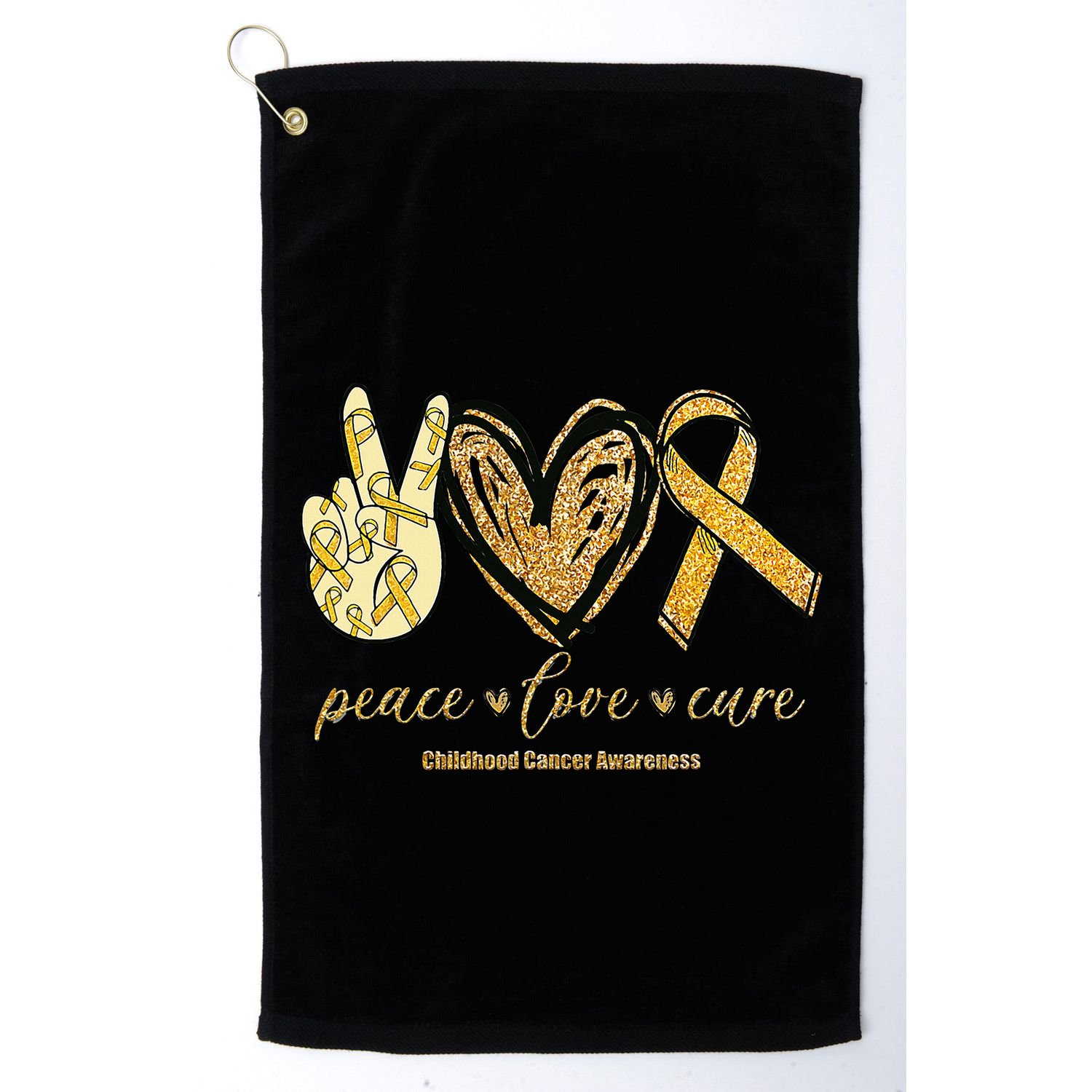 Peace Love Cure Childhood Cancer Awareness Gold Ribbon Golf Towel