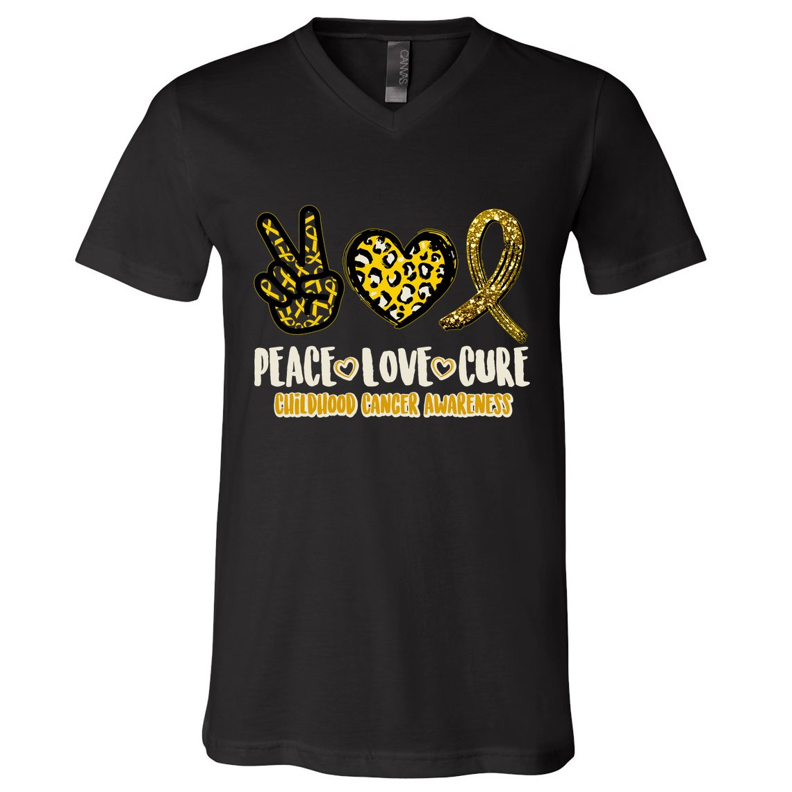 Peace Love Cure Childhood Cancer Awareness V-Neck T-Shirt