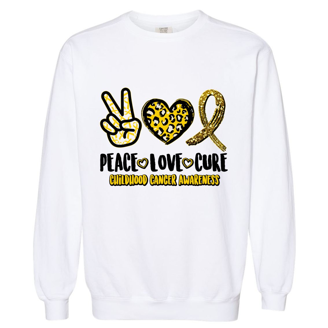 Peace Love Cure Childhood Cancer Awareness Garment-Dyed Sweatshirt