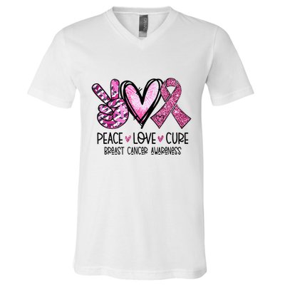 Peace Love Cure Pink Ribbon Cancer Breast Awareness V-Neck T-Shirt