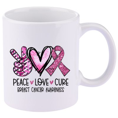 Peace Love Cure Pink Ribbon Cancer Breast Awareness 11oz C Handle Ceramic Mug