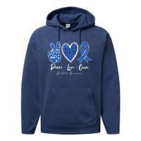 Peace Love Cure Grey Blue Ribbon Diabetes Awareness Performance Fleece Hoodie