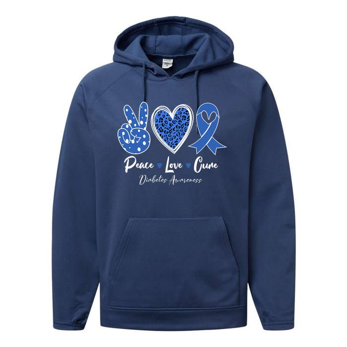 Peace Love Cure Grey Blue Ribbon Diabetes Awareness Performance Fleece Hoodie