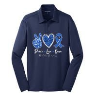 Peace Love Cure Grey Blue Ribbon Diabetes Awareness Silk Touch Performance Long Sleeve Polo