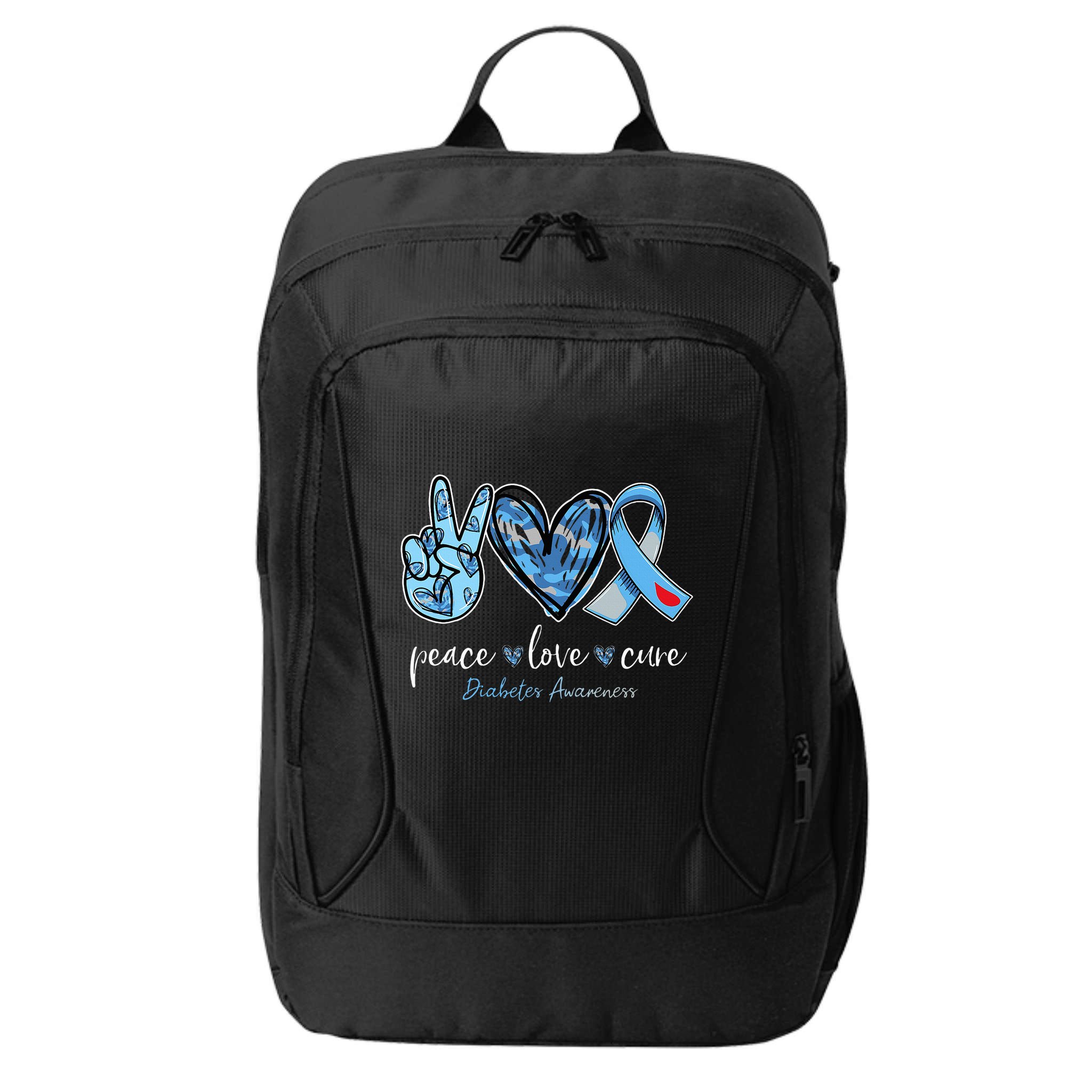 Peace love cure blue ribbon diabetes awareness month City Backpack