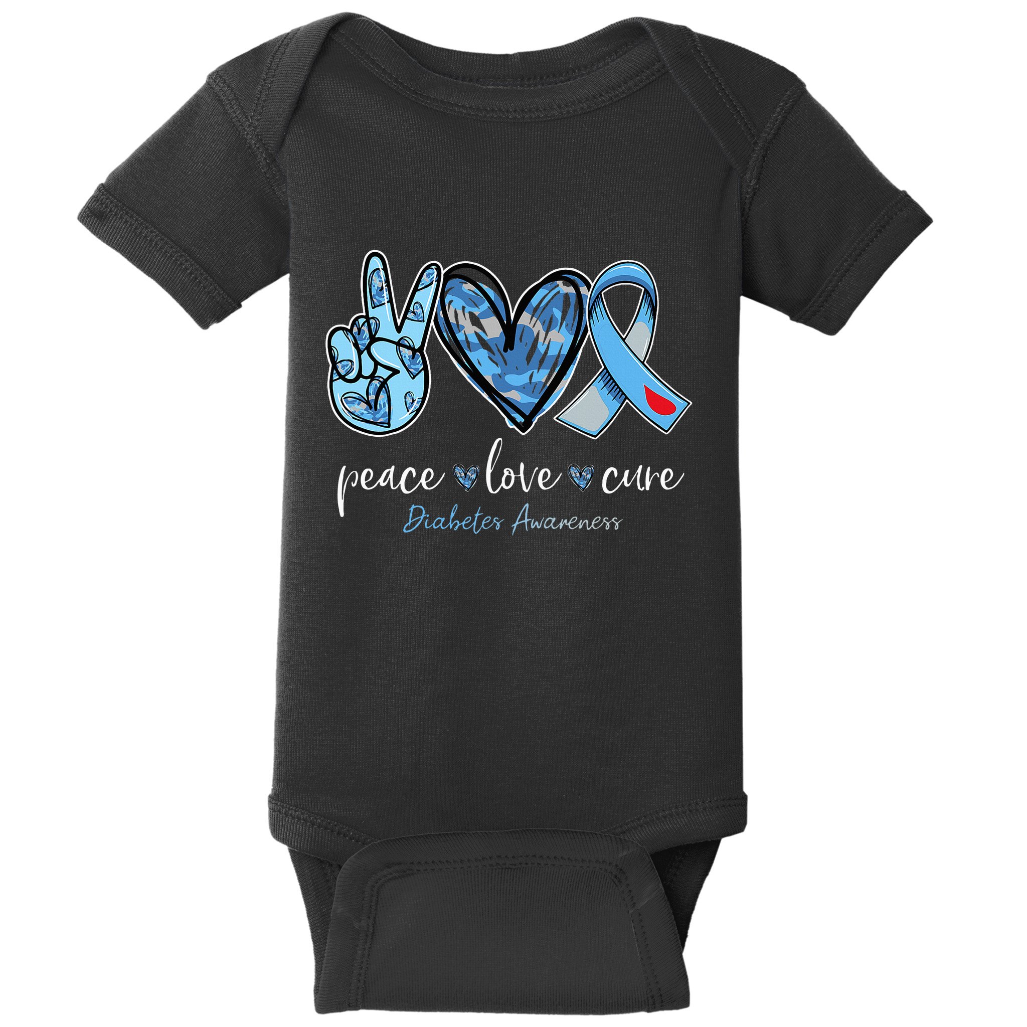 Peace love cure blue ribbon diabetes awareness month Baby Bodysuit