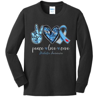 Peace love cure blue ribbon diabetes awareness month Kids Long Sleeve Shirt