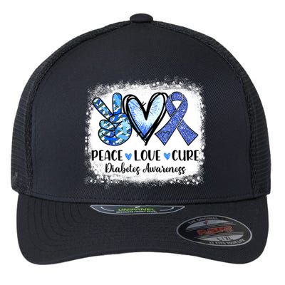 Peace Love Cure Diabetes Awareness Blue Ribbon Flexfit Unipanel Trucker Cap