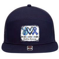 Peace Love Cure Diabetes Awareness Blue Ribbon 7 Panel Mesh Trucker Snapback Hat