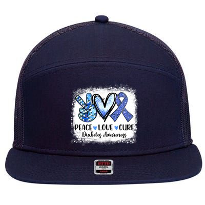 Peace Love Cure Diabetes Awareness Blue Ribbon 7 Panel Mesh Trucker Snapback Hat