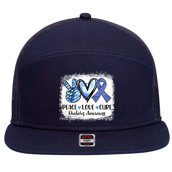 Peace Love Cure Diabetes Awareness Blue Ribbon 7 Panel Mesh Trucker Snapback Hat