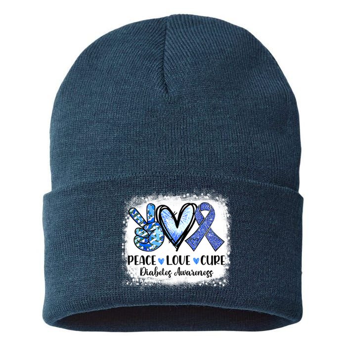 Peace Love Cure Diabetes Awareness Blue Ribbon Sustainable Knit Beanie