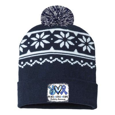 Peace Love Cure Diabetes Awareness Blue Ribbon USA-Made Snowflake Beanie