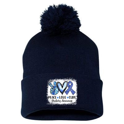 Peace Love Cure Diabetes Awareness Blue Ribbon Pom Pom 12in Knit Beanie