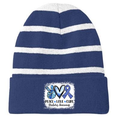 Peace Love Cure Diabetes Awareness Blue Ribbon Striped Beanie with Solid Band