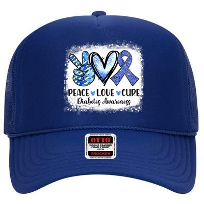 Peace Love Cure Diabetes Awareness Blue Ribbon High Crown Mesh Back Trucker Hat