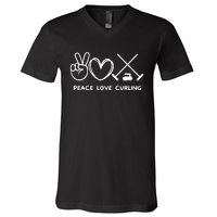 Peace Love Curling Retro Curling Lover Sport Lover Funny Gift V-Neck T-Shirt