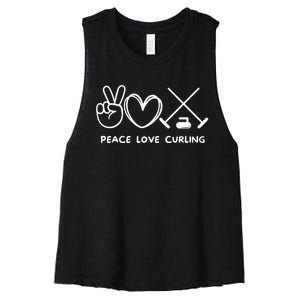 Peace Love Curling Retro Curling Lover Sport Lover Funny Gift Women's Racerback Cropped Tank