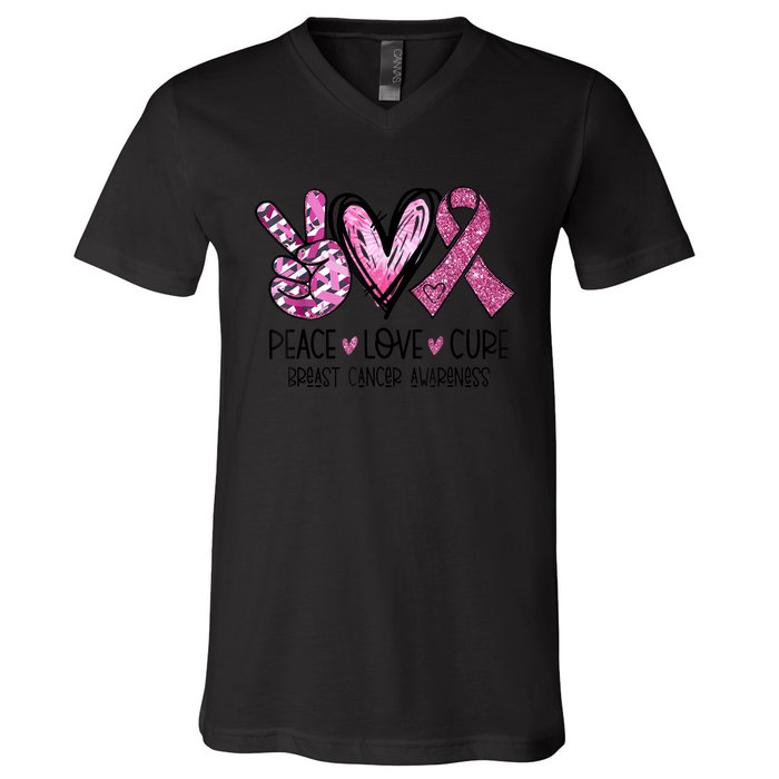 Peace Love Cure Pink Ribbon Cancer Breast Awareness  V-Neck T-Shirt